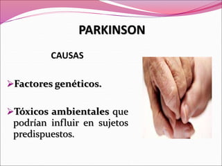 CAUSAS
Factores genéticos.
Tóxicos ambientales que
podrían influir en sujetos
predispuestos.
PARKINSON
 
