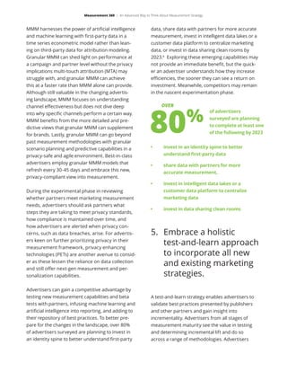 MMM harnesses the power of artificial intelligence
and machine learning with first-party data in a
time series econometric model rather than lean-
ing on third-party data for attribution modeling.
Granular MMM can shed light on performance at
a campaign and partner level without the privacy
implications multi-touch attribution (MTA) may
struggle with, and granular MMM can achieve
this at a faster rate than MMM alone can provide.
Although still valuable in the changing advertis-
ing landscape, MMM focuses on understanding
channel effectiveness but does not dive deep
into why specific channels perform a certain way.
MMM benefits from the more detailed and pre-
dictive views that granular MMM can supplement
for brands. Lastly, granular MMM can go beyond
past measurement methodologies with granular
scenario planning and predictive capabilities in a
privacy-safe and agile environment. Best-in-class
advertisers employ granular MMM models that
refresh every 30-45 days and embrace this new,
privacy-compliant view into measurement.
During the experimental phase in reviewing
whether partners meet marketing measurement
needs, advertisers should ask partners what
steps they are taking to meet privacy standards,
how compliance is maintained over time, and
how advertisers are alerted when privacy con-
cerns, such as data breaches, arise. For advertis-
ers keen on further prioritizing privacy in their
measurement framework, privacy enhancing
technologies (PETs) are another avenue to consid-
er as these lessen the reliance on data collection
and still offer next-gen measurement and per-
sonalization capabilities.
Advertisers can gain a competitive advantage by
testing new measurement capabilities and beta
tests with partners, infusing machine learning and
artificial intelligence into reporting, and adding to
their repository of best practices. To better pre-
pare for the changes in the landscape, over 80%
of advertisers surveyed are planning to invest in
an identity spine to better understand first-party
data, share data with partners for more accurate
measurement, invest in intelligent data lakes or a
customer data platform to centralize marketing
data, or invest in data sharing clean rooms by
2023.6
Exploring these emerging capabilities may
not provide an immediate benefit, but the quick-
er an advertiser understands how they increase
efficiencies, the sooner they can see a return on
investment. Meanwhile, competitors may remain
in the nascent experimentation phase.
5.	 Embrace a holistic
test-and-learn approach
to incorporate all new
and existing marketing
strategies.
Measurement 360 | An Advanced Way to Think About Measurement Strategy
of advertisers
surveyed are planning
to complete at least one
of the following by 2023
•	 invest in an identity spine to better
understand first-party data
•	 share data with partners for more
accurate measurement,
•	 invest in intelligent data lakes or a
customer data platform to centralize
marketing data
•	 invest in data sharing clean rooms
A test-and-learn strategy enables advertisers to
validate best practices presented by publishers
and other partners and gain insight into
incrementality. Advertisers from all stages of
measurement maturity see the value in testing
and determining incremental lift and do so
across a range of methodologies. Advertisers
 