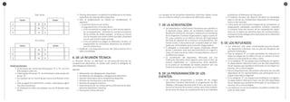 1716
2da. Fecha
Equipo Equipo
1 Vs 6
2 Vs 4
3 vs 5
3ra. Fecha
Equipo Equipo
1 Vs 5
2 Vs 6
3 vs 4
Instrucciones:
•	 Se formarán por sorteo dos (02) grupos “A” y “B”, con tres
(03) equipos cada uno.
•	 Cada equipo del grupo “A” se enfrentará a cada equipo del
grupo “B”.
•	 Los equipos de un mismo grupo nunca se enfrentan entre
sí.
•	 Solo se jugará tres (03) fechas, es decir, cada equipo jugará
tres (03) encuentros.
•	 Se elaborará la tabla consolidada una vez finalizada cada
fecha.
•	 Para los desempates, se aplicará lo establecido en las bases
específicas de cada disciplina deportiva.
•	 Para la programación se tendrá en consideración lo
siguiente:
−− La primera fecha es por sorteo.
−− La segunda fecha y la tercera fecha:
»» Si los encuentros se juegan en un solo recinto deporti-
vo, se programarán teniendo en cuenta la sumatoria
de los puntos de ambos equipos. La fecha se iniciará
con los equipos que sumen menor puntaje y finalizará
con los que sumen mayor puntaje.
»» Si los encuentros se juegan en diferentes recintos, se
programarán los encuentros deportivos de preferen-
cia a la misma hora.
•	 Clasifican a la Etapa Nacional los dos (02) primeros de la
tabla consolidada.
6. DE LA REUNIÓN TÉCNICA:
La Reunión Técnica se efectuará un día antes del inicio de las
competencias deportivas, en donde sólo asistirá el delegado de
cada delegación deportiva.
Agenda:
•	 Bienvenida a las delegaciones deportivas.
•	 Acreditación de delegados y delegaciones deportivas.
•	 Reunión informativa de la competencia deportiva.
•	 Revisión de inscripciones y documentos.
•	 Revisión de programa horario.
•	 Determinación de los colores de los uniformes de las dele-
gaciones deportivas colectivas.
•	 Suscripción y firma del acta.
Los equipos de las disciplinas deportivas colectivas, deben contar
con un uniforme oficial y otro alterno de diferentes colores.
7. DE LA ACREDITACIÓN:
•	 Los deportistas e Instituciones Educativas que clasifican a
la siguiente etapa, deben ser acreditados mediante una
Resolución Directoral, firmada y sellada por el Presidente
de la respectiva Comisión Organizadora, según Cuadro N°
05, cuyo sustento es el Informe Técnico del Especialista
del Área de Deporte de la instancia correspondiente. Del
mismo modo, la documentación completa debe ser feda-
teada por el Presidente de la Comisión Organizadora.
•	 El delegado o entrenador del equipo clasificado deberá
portar y presentar toda esta documentación en original y
copia, en cada una de las sedes correspondientes como en
las diferentes etapas.
•	 La acreditación del deportista, efectuada por una
Institución Educativa, tiene vigencia para todo el año, de
manera indefectible, en consecuencia, dicho deportis-
ta no podrá ser acreditado de manera posterior por una
Institución Educativa distinta, en el mismo año.
8. DE LA PROGRAMACIÓN DE LOS
EVENTOS:
•	 Los diferentes campeonatos y pruebas de los Juegos
Deportivos Escolares Nacionales se programarán los días
sábados y domingos durante todo el día y de lunes a vier-
nes en los horarios de la tarde y noche, para evitar la pérdi-
da de horas de clases en cumplimiento de la normatividad
emitida por el Ministerio de Educación.
•	 El Instituto Peruano del Deporte brindará las facilidades
para el uso de sus instalaciones deportivas en forma gra-
tuita a nivel nacional.
•	 Como parte de la formación integral de los estudiantes, se
programarán actividades recreativas, artísticas culturales
y turísticas fuera del horario de las competencias depor-
tivas con el objeto de estrechar lazos de confraternidad y
amistad entre las delegaciones deportivas de las diferentes
regiones del país.
9. DE LOS REFUERZOS:
•	 Los refuerzos sólo están contemplados para las discipli-
nas deportivas colectivas, más no para las disciplinas de-
portivas individuales.
•	 Para la categoría “A” no están permitidos los refuerzos en
todas las etapas de los JDEN a fin de no vulnerar el entu-
siasmo y la voluntad de las niñas y niños.
•	 En la categoría “B”, los equipos que clasifiquen a la siguien-
te etapa podrán reforzarse hasta con dos (02) deportistas
de los equipos que quedaron eliminados en las etapas an-
teriores, de su misma Región.
•	 Para la Etapa Nacional, solo podrán reforzarse con dos (02)
deportistas de los representativos que participaron en su
propia Etapa Macro Regional.
•	 En la categoría “C”, los equipos que clasifiquen a la siguien-
te etapa podrán reforzarse hasta con dos (02) deportistas
de los equipos que quedaron eliminados en las etapas an-
teriores, de su misma Región.
•	 Los refuerzos no son acumulativos, se podrán cambiar des-
pués de cada etapa.
 