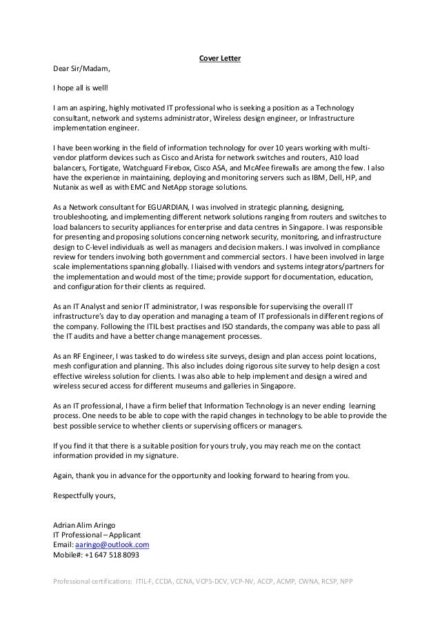 cover letter cover letter for it professionals
