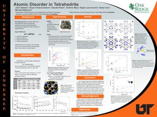References
Conclusion
Background Experimental Results
Atomic Disorder in Tetrahedrite
John Salasin1, Bryan Chakoumakos2, Claudia Rawn1, Andrew May3, Edgar Lara-Curzio3, Huibo Cao2,
Michael McGuire3
1 Department of Material Science and Engineering, University of Tennessee 3 Material Science and Technology Division; Oak Ridge National Laboratory
2 Quantum Condensed Matter Division, Oak Ridge National Laboratory
Introduction
Table 1: Atomic positions of Tetrahedrite
Atom site x y z Occ
Cu(2) 12e 0.2180 0 0 1.00
Cu(1) 12d 1/4 1/2 0 0.90
S(1) 24g 0.1144 0.1144 0.3635 0.99
S(2) 2a 0 0 0 0.89
Sb 8c 0.2683 0.2683 0.2683 1.00
Thermoelectrics (TE) are materials which turn
heat energy into electrical energy with
applications spanning multiple disciplines
including space exploration, Peltier cooling, and
engine efficiency.
Figure of Merit (zT):
zT = σS2T/κ (1-1)
T – Absolute temperature
S – Seebeck coefficient
σ – Electrical conductivity
k – Thermal conductivity
High efficiency TE are materials with a complex
unit cell and a balance between a phonon glass
(high k) and a electronic crystal (high σ).
Tetrahedrite is a natural copper sulfosalt with
the general formula:
Cu12-xMx(Sb,As)4S13
Where M denotes a Cu2+ site frequently replaced
in natural tetrahedrite with Zn, Fe, Hg, or Mn.
Structure:
It has a cubic structure with symmetry, a = 10.4 Å
(Figure 1), and only a handful of adjustable
parameters (Table 1)
Thermoelectric Properties:
Figure 2: a) Lattice electrical resistivity, b) Seebeck coefficient, c) lattice thermal conductivity for Cu12-xZnx(Sb,As)4S13 where (circles: x = 0;
squares: x = 0.5; triangles: x = 1.0; diamonds: x = 1.5).2
1: Snyder, G. J., & Toberer, E. S. (2008) Nature Materials, 7(2), 105–14.
2: Lu, X., Morelli, D. T., Xia, Y., Zhou, F., Ozolins, V., Chi, H., & Zhou, X. (2013) Advanced Energy Materials, 3,
342–348.
3:Lara-Curzio, E., May, A. F., Delaire, O., McGuire, M. A., Lu, X., Liu, C.-Y., … Morelli, D. T. (2014) Journal of
Applied Physics, 115(19).
Figure 1:Tetrahedrite crystal
structure with the formula
Cu12Sb4S13. Cu coordinations are
triangular (Cu(2),blue) and
tetrahedral (Cu(1),black). Sb has a
triangular pyramidal coordination
(brown shading)
Sample:
- Natural,
Tetrahderite, Sphalerite,
Quartz, Galena
-Casapalca District,
Huarochin Province,
Peru
Theory:
- Heat capacity shows an anomaly around 85K.3
- Calculated partial phonon density of states
shows harmonically unstable modes correlated
with the trigonally coordinate Cu sites.2
- Solving the Low-T structure will corroborate
both studies.
Low-T Single Crystal Diffraction:
X-ray, T = 28K-300K at ORNL
Neutron, T = 4.5K-450K at HFIR HB-3A: Four
Circle Diffractometer, ORNL
Refinements, Fullprof/Shelx
Figure 4: Experimental heat capacity data for natural
and synthetic tetrahedrite. (a) natural crystal; (b)
Cu12Sb4S13; (c) Cu12Sb4S13; (d) Cu11ZnSb4S13; (e)
Cu10Zn2Sb4S13.3
A) B)
C) D)
Figure 5: lattice parameter, a, as a function of
temperature. Red and Black scans are XRD both from
same parent single crystal and the blue is Neutrons.
Suggests multiple solid solution phases large enough
for an X-ray sample (80-100 µm). Neutron suggests an
averaging of the two phases with an anomalous
transition at 83K and continuation to 4K
Figure 6: Anisotropic thermal
ellipsoids clearly seen on the
Cu(2) site. All other atoms in the
UC appear to have more
isotropic representations. Very
Stark difference in Sb results
between neutron and X-ray.
A)28K X-ray; B)4K Neutron;
C)200k X-ray D) 200k Neutron.
Figure 7: Ueq as function of temperature. Showing the
increase in magnitude with Cu(2) in respect to other
atomic sites. Solid black lines are Neutron data, while
the red dashed lines are x-ray data. Cu(2) blue; Cu(1)
black; S(1) yellow; S(2) muddled yellow; Sb orange.
Low-T single crystal X-ray and Neutron diffraction
studies corroborate theoretical results predicting site
disorder at the Cu(2) trigonal planar sites and
provides further insight into the structural anomaly
around 85K. The static RMS displacement for the
Cu(2) site is 0.25Å. Further neutron studies as well as
continued sample characterization will be conducted
to understand the disorder in tetrahedrite structure
and how it correlates with the thermal conductivity.
Figure 9: Principle anisotropic direction of Cu(2) and
Cu(1) sites. The difference demonstrates the
anisotropic Cu(2) vs isotropic Cu(1) site. This confirms
the theoretical prediction of site disorder on the Cu(2)
site. Solid black line is neutrons and dashed red is X-
rays. Cu(2) blue; Cu(1) black. Static RMS displacement
for the Cu(2) sites is .25Å.
<ui>
<ui>
<uk>
<uk>
<uj> Figure 8: Ellipsoid
principle directions
Figure 10: Cu to S bond length comparison in Cu(1)
trigonal planar and Cu(1) tetrahedral coordination. X-
ray is represented by dash lines and neutrons by solid
lines. Cu(1) coordination is represented by black lines
and Cu(2) by blue lines. Cu to S(1) are red circle
markers and Cu to S(2) are green stars
markers.
U
N
I
V
E
R
S
I
T
Y
O
F
T
E
N
N
E
S
S
E
E
Aknowledgments
Many thanks to the ORAU HERE program and the
ESPN scholarship for supporting this research. This
research at ORNL's High Flux Isotope Reactor was
sponsored by the Scientific User Facilities Division,
Office of Basic Energy Sciences, U.S. Department of
Energy.
<ui>
Figure 3: Natural Crystal
 