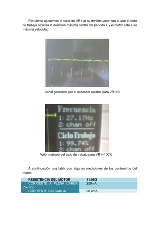 Por ultimo ajustamos el valor de VR1 al su minimo valor con lo que el ciclo
de trabajo alcanza la duración máxima dentro del periodo T y el motor está a su
máxima velocidad.




               Señal generada por el oscilador astable para VR1=0




            Valor máximo del ciclo de trabajo para VR1=100%



   A continuación una tabla con algunas mediciones de los parámetros del
motor:

    RESISTENCIA DEL MOTOR                   11.05Ω
    CORRIENTE A PLENA CARGA                 250mA
(5v-12v)
    CORRIENTE SIN CARGA                     90.6mA
 