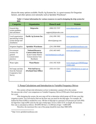 discuss  the  many  options  available.  Pacific  Ag  Systems  Inc.  is  a  great  resource  for  Oregonian  
farmers,  and  other  options  exist  nationally  such  as  Sprinkler  Warehouse .  6
  
Table  1:  Contact  information  for  various  resources  we  used  in  designing  the  drip  system  for  
BDF.    
Categories   Organization   Phone/E-­mail   Website  
General  drip  
system  guidance  
and  calculators  
Dripworks   (800)  522  3747  
  
support@dripworks.com  
www.dripworks.com  
  
Local  organization  
specializing  in  drip  
system  design  and  
installation  
Pacific  Ag  Systems  Inc.   (541)  998  1983  
  
aknox@pacag.com  
www.pacag.com/    
Irrigation  Supplies   Sprinkler  Warehouse   (281)  500  9800   www.sprinklerwarehouse.com  
Government  
resource  for  
general  
conservation  
practices  
National  Resource  
Conservation  Service    
  (​Lane  County  District  
Conservationist  Tom  
Burnham)  
(541)  465  6443  
  
tom.burnham@or.usda.gov    
www.nrcs.usda.gov/    
Water  rights   WaterMaster   (541)  382  3620   www.oregon.gov/OWRD/page
s/index.aspx  
Soil  maps  and  data  
from  the  National  
Cooperative  Soil  
Survey  
Web  Soil  Survey  
(Portland  State  Office)  
(503)  414  3261   www.websoilsurvey.sc.egov.us
da.gov  
    
  
5.  Pump  Calculations  and  Introduction  to  Variable  Frequency  Drives    
  
This  section  will  provide  information  on  how  to  determine  a  pump  to  fit  in  the  system.    
We  also  provide  a  brief    cost  comparison  on  Variable  Frequency  Drives  (VFD)  and  a  fixed  speed  motor  
for  a  year.  
After  designing  the  system,  the  next  step  will  be  to  determine  which  pump  will  fit  into  your  drip  
irrigation  system.  You  will  need  to  find  out  the  flow  rate  you  need  for  the  drip  tapes.  For  example,  40  
Gallon  Per  Hour  (GPH)  is  needed  for  every  100  feet  of  drip  tape  at  a  pressure  of  8  pressure  per  inch  (PSI)  
for  high  flow  t-­tape  (GPH  varies  by  the  type  of  drip  tape).  Given  a  field  125  ft.  in  length,  the  necessary  
flow  rate  is  calculated  as  follows:  40  GPH/100  feet  x  12,500  feet  of  tape  =  5,000  GPH.  
Therefore,  the  maximum  flow  rate  of  the  pump  should  be  more  than  5000  GPH.  
6
  ​http://www.sprinklerwarehouse.com  
5  
 