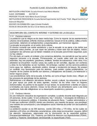 PLAN DE CLASE. EDUCACIÓN ARTÍSTICA
INSTITUCIÓN A PRACTICAR: Escuela Primaria José María Morelos
CLAVE: 25EPR0880B SECTOR: VI
PROFESOR TITULAR: Karla María Osuna Carvajal
INSTITUCIÓN DE PROCEDENCIA: Escuela Normal Experimental de El Fuerte “Profr. Miguel Castillo Cruz”
Extensión Mazatlán
DOCENTE EN FORMACIÓN: López Estrada Elizabeth
FECHA DE APLICACIÓN: Del 02 al 12 de febrero de 2016
DESCRIPCIÓN DEL CONTEXTO INTERNO Y EXTERNO DE LA ESCUELA
1.11 Factores externos
La población que la integra es de clase media baja. Como la mayoría de los asentamientos
urbanos de la localidad, enfrenta diversos problemas: basura en la vía pública, calles a medio
pavimentar, deterioro en señalamientos y espectaculares, por mencionar algunos.
La escuela se encuentra en el centro de la colonia.
El director comentó que existe vandalismo y que la escuela no es ajena a los daños que
ocasionan estos jóvenes, ya que rayan las paredes y roban todo tipo de objetos, incluso
sustrajeron las cámaras que se habían instalado en la escuela para brindar seguridad, pues
no hay velador.
Por otro lado, en cuanto al contexto y los comercios aledaños, me percaté de que hay varios
negocios cercanos a la escuela. Primeramente, en cuanto sales está una tienda de
abarrotes, hay una papelería, gasolinera, tortillería, tiendas de autoservicio, entre otros. A su
alrededor se encuentran muchas casas, las cuales se ven sencillas, algunas con cocheras
y otras no; los habitantes se ven humildes. Sin embargo, cuentan con los servicios públicos
como agua, luz, teléfono, alumbrado público, drenaje y recolección de basura. No poseen
un contexto muy favorecedor para los alumnos, pues existen ciertas problemáticas. La
mayoría de los padres de familia son obreros y trabajadores del Estado y la federación o
tienen negocio propio.
Las características tanto de la escuela, la familia, así como el lugar donde viven, influyen en
los procesos de aprendizaje de los alumnos.
Refiriéndonos a la influencia del entorno familiar, social y cultural, los educandos no tienen
un gran apoyo por parte de estos agentes, muchos de los niños viven en hogares
disfuncionales, los padres no los ayudan en sus tareas, no acostumbran a leerles en casa o
a brindarles una buena atención, incluso no les ofrecen una alimentación sana o una dieta
equilibrada, todo ello reflejándose en su desempeño académico y personal.
1.12 Factores internos
Es una institución educativa de organización completa. La planta docente está integrada por
24 personas, de las cuales 12 son profesores, hay 1 directivo, 1 encargada de biblioteca, 2
maestras de educación artística, 2 docentes de educación física, 1 auxiliar administrativo y
5 más que conforman USAER, siendo una directora, una maestra de apoyo, una psicóloga,
una maestra de comunicación y una trabajadora social. Además de contar con dos auxiliares
intendentes.
La población escolar es de 390 alumnos, siendo 220 niñas y 170 niños, de los cuales se
atienden a 20 niños con diferentes características, entre éstas se encuentran ceguera, déficit
de atención, hipoacusia, relacionada con la disminución de la capacidad auditiva,
Discapacidad Intelectual (DI), Trastorno por Déficit de Atención con Hiperactividad (TDAH),
autismo y Trastorno Generalizado del Desarrollo no especificado (TGD).
 