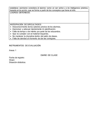 establece; asimismo considera al alumno como un ser activo y a la inteligencia práctica,
basada en la acción, que se forma a partir de los conceptos que tiene el niño.
LOGROS OBTENIDOS:
ANTICIPACIÓN DE DIFICULTADES:
 Desconocimiento de los saberes previos de los alumnos.
 Improvisar y adecuar rápidamente mi planificación.
 Falta de tiempo o de interés por parte de los educandos.
 Que no cumplan con el material requerido.
 No mantener la disciplina dentro del salón de clases.
 Falta de claridad al momento de dar las consignas.
INSTRUMENTOS DE EVALUACIÓN
Anexo 1
DIARIO DE CLASE
Fecha de registro:
Grupo:
Situación didáctica:
 