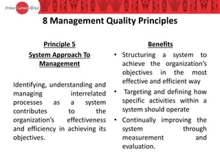 8 Management Quality Principles
Principle 5
System Approach To
Management
Identifying, understanding and
managing interrelated
processes as a system
contributes to the
organization’s effectiveness
and efficiency in achieving its
objectives.
Benefits
• Structuring a system to
achieve the organization’s
objectives in the most
effective and efficient way
• Targeting and defining how
specific activities within a
system should operate
• Continually improving the
system through
measurement and
evaluation.
 