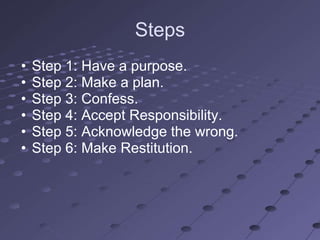 Steps
•   Step 1: Have a purpose.
•   Step 2: Make a plan.
•   Step 3: Confess.
•   Step 4: Accept Responsibility.
•   Step 5: Acknowledge the wrong.
•   Step 6: Make Restitution.
 