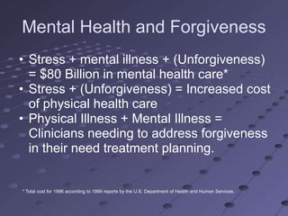 Mental Health and Forgiveness
• Stress + mental illness + (Unforgiveness)
  = $80 Billion in mental health care*
• Stress + (Unforgiveness) = Increased cost
  of physical health care
• Physical Illness + Mental Illness =
  Clinicians needing to address forgiveness
  in their need treatment planning.


* Total cost for 1996 according to 1999 reports by the U.S. Department of Health and Human Services.
 