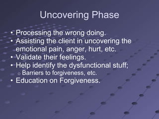 Uncovering Phase
• Processing the wrong doing.
• Assisting the client in uncovering the
  emotional pain, anger, hurt, etc.
• Validate their feelings.
• Help identify the dysfunctional stuff;
  o   Barriers to forgiveness, etc.
• Education on Forgiveness.
 