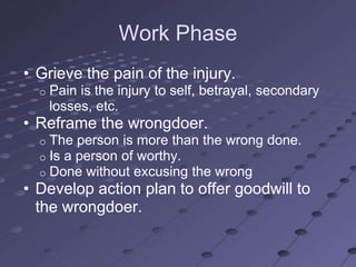 Work Phase
• Grieve the pain of the injury.
  o   Pain is the injury to self, betrayal, secondary
      losses, etc.
• Reframe the wrongdoer.
  o   The person is more than the wrong done.
  o   Is a person of worthy.
  o   Done without excusing the wrong
• Develop action plan to offer goodwill to
  the wrongdoer.
 
