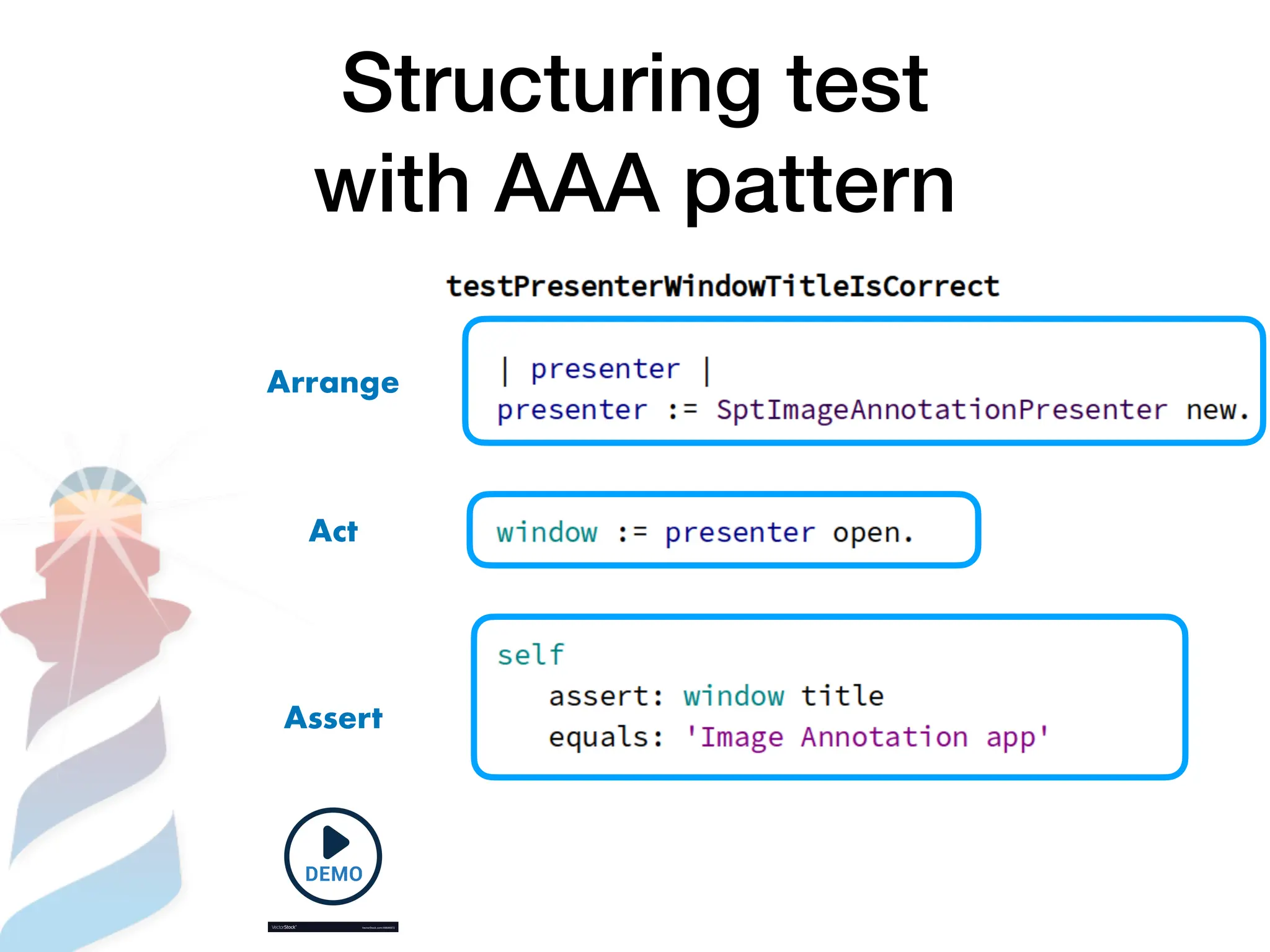 Structuring test
with AAA pattern
Arrange
Act
Assert
 
