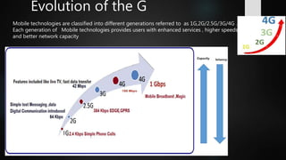 Evolution of the G
Mobile technologies are classified into different generations referred to as 1G,2G/2.5G/3G/4G .
Each generation of Mobile technologies provides users with enhanced services , higher speeds
and better network capacity
 