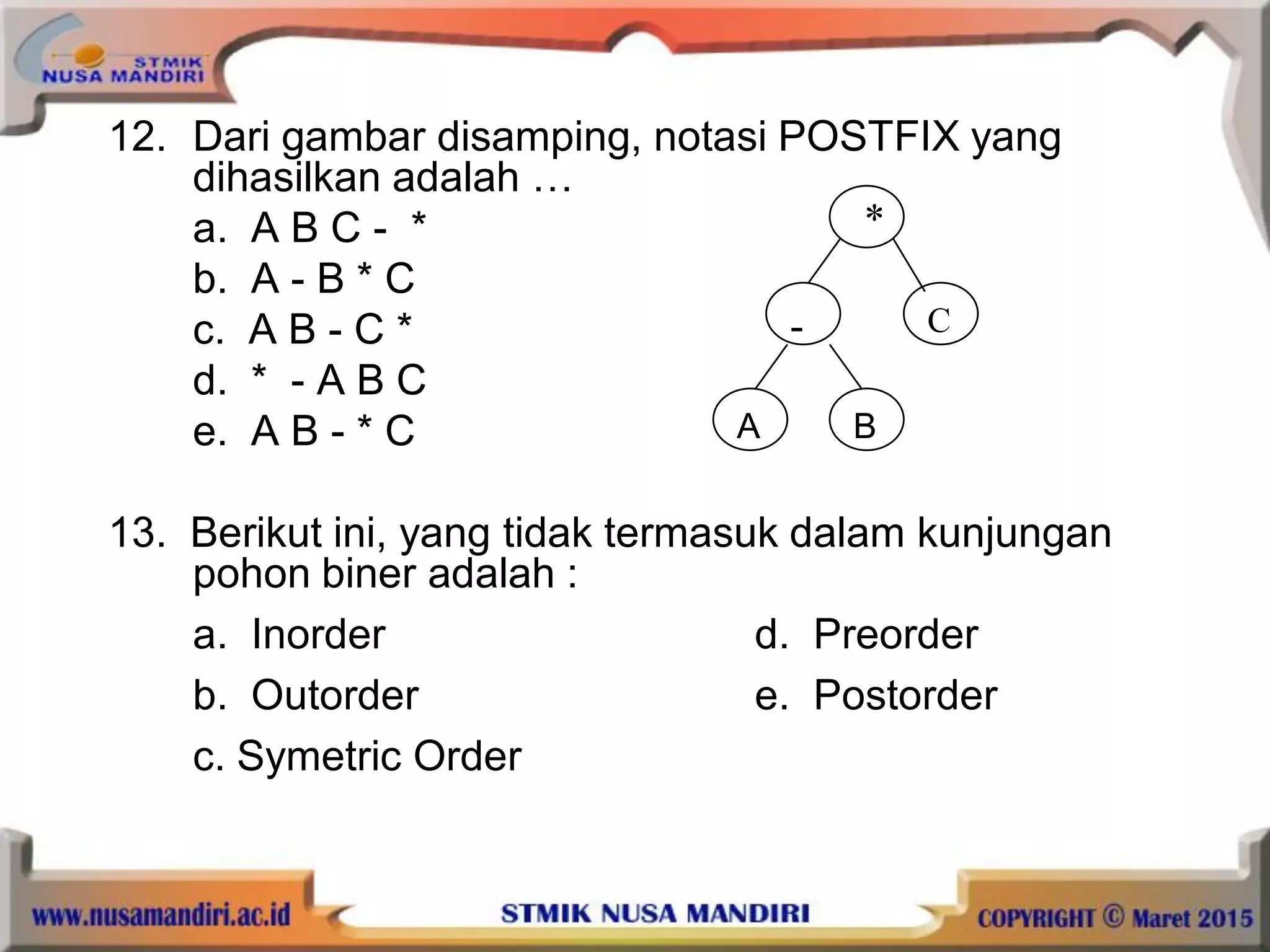 12. Dari gambar disamping, notasi POSTFIX yang
dihasilkan adalah …
a. A B C - *
b. A - B * C
c. A B - C *
d. * - A B C
e. A B - * C
13. Berikut ini, yang tidak termasuk dalam kunjungan
pohon biner adalah :
a. Inorder d. Preorder
b. Outorder e. Postorder
c. Symetric Order
*
C-
A B
 