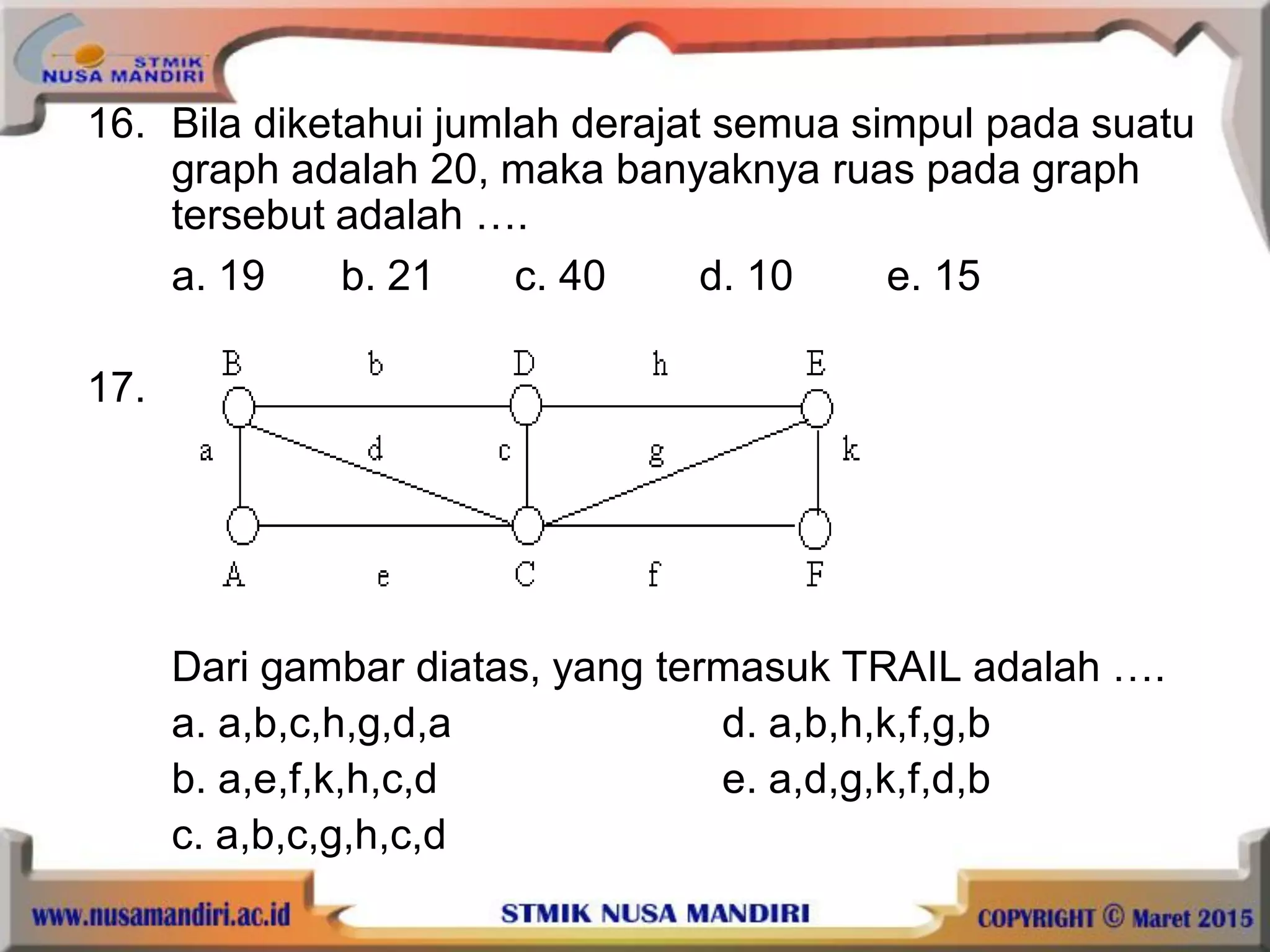 16. Bila diketahui jumlah derajat semua simpul pada suatu
graph adalah 20, maka banyaknya ruas pada graph
tersebut adalah ….
a. 19 b. 21 c. 40 d. 10 e. 15
17.
Dari gambar diatas, yang termasuk TRAIL adalah ….
a. a,b,c,h,g,d,a d. a,b,h,k,f,g,b
b. a,e,f,k,h,c,d e. a,d,g,k,f,d,b
c. a,b,c,g,h,c,d
 