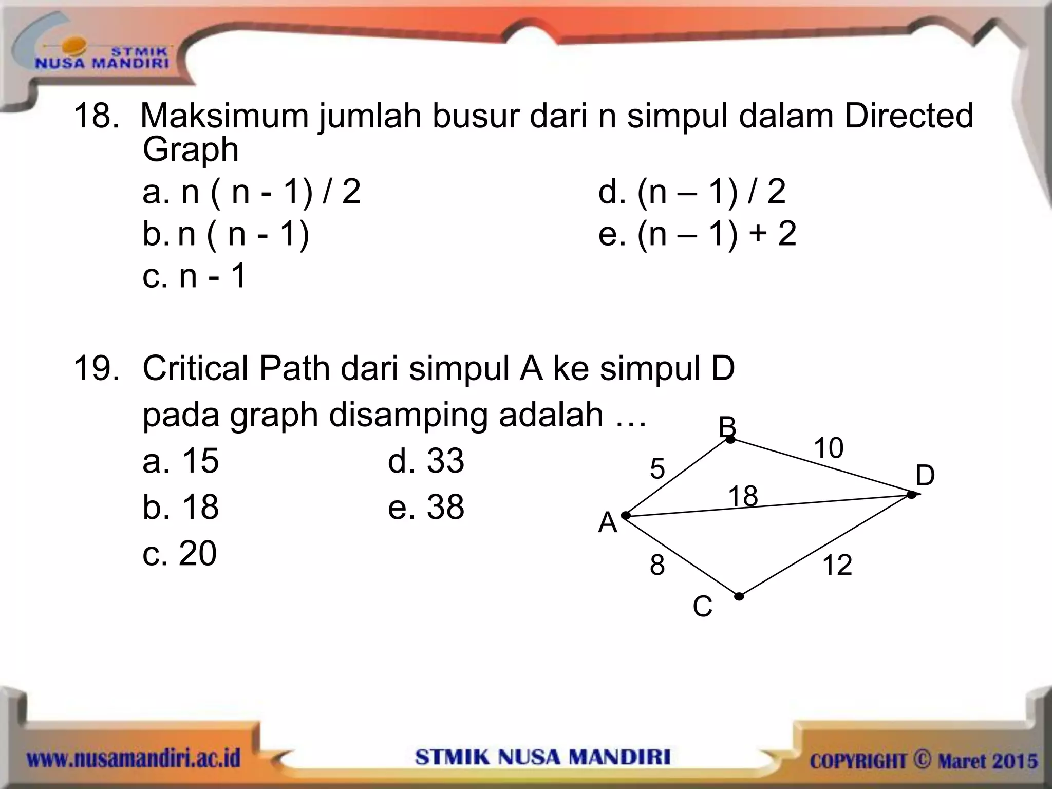 18. Maksimum jumlah busur dari n simpul dalam Directed
Graph
a. n ( n - 1) / 2 d. (n – 1) / 2
b. n ( n - 1) e. (n – 1) + 2
c. n - 1
19. Critical Path dari simpul A ke simpul D
pada graph disamping adalah …
a. 15 d. 33
b. 18 e. 38
c. 20
A
B
C
D5
8
10
12
18
 