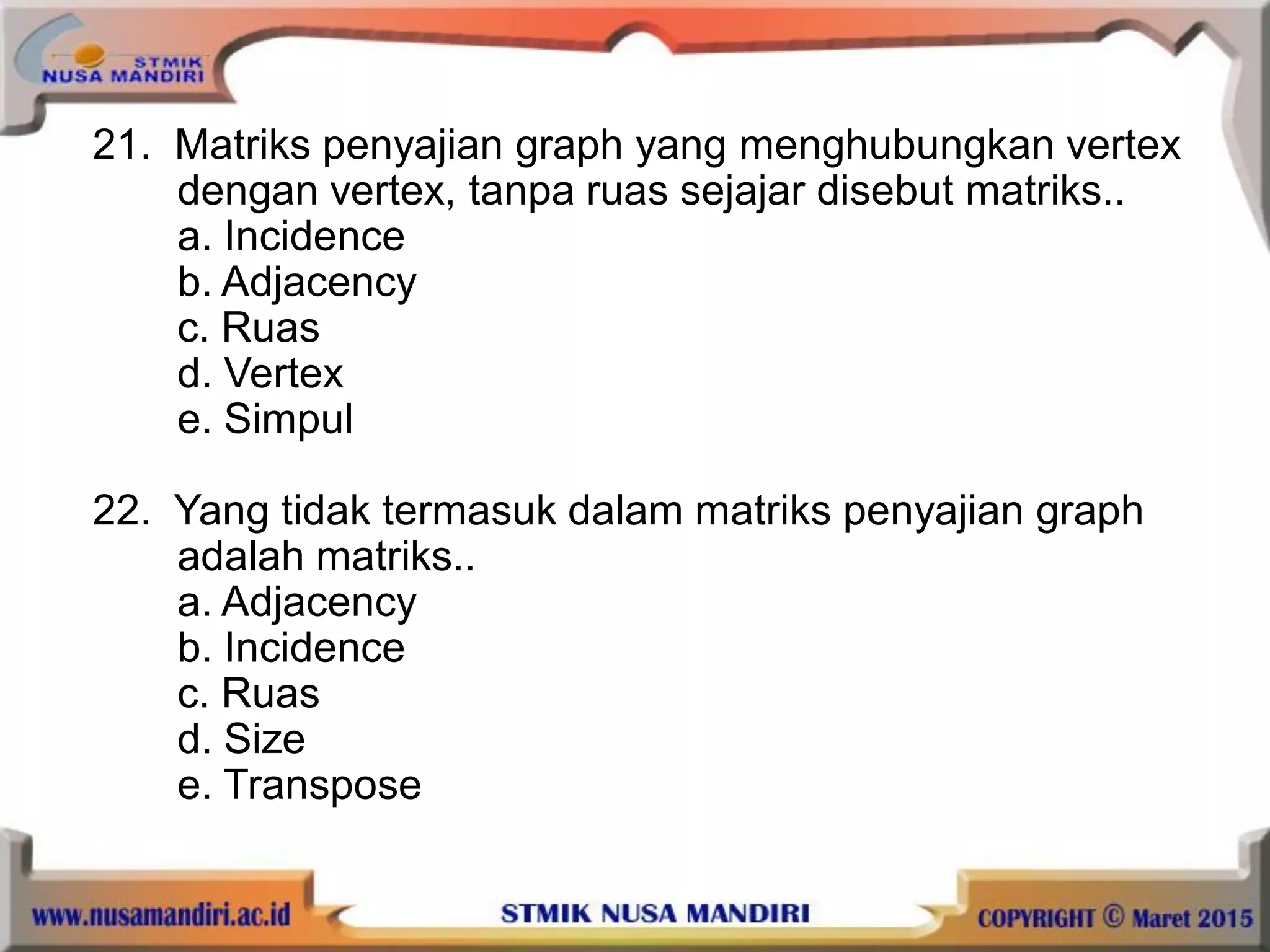 21. Matriks penyajian graph yang menghubungkan vertex
dengan vertex, tanpa ruas sejajar disebut matriks..
a. Incidence
b. Adjacency
c. Ruas
d. Vertex
e. Simpul
22. Yang tidak termasuk dalam matriks penyajian graph
adalah matriks..
a. Adjacency
b. Incidence
c. Ruas
d. Size
e. Transpose
 