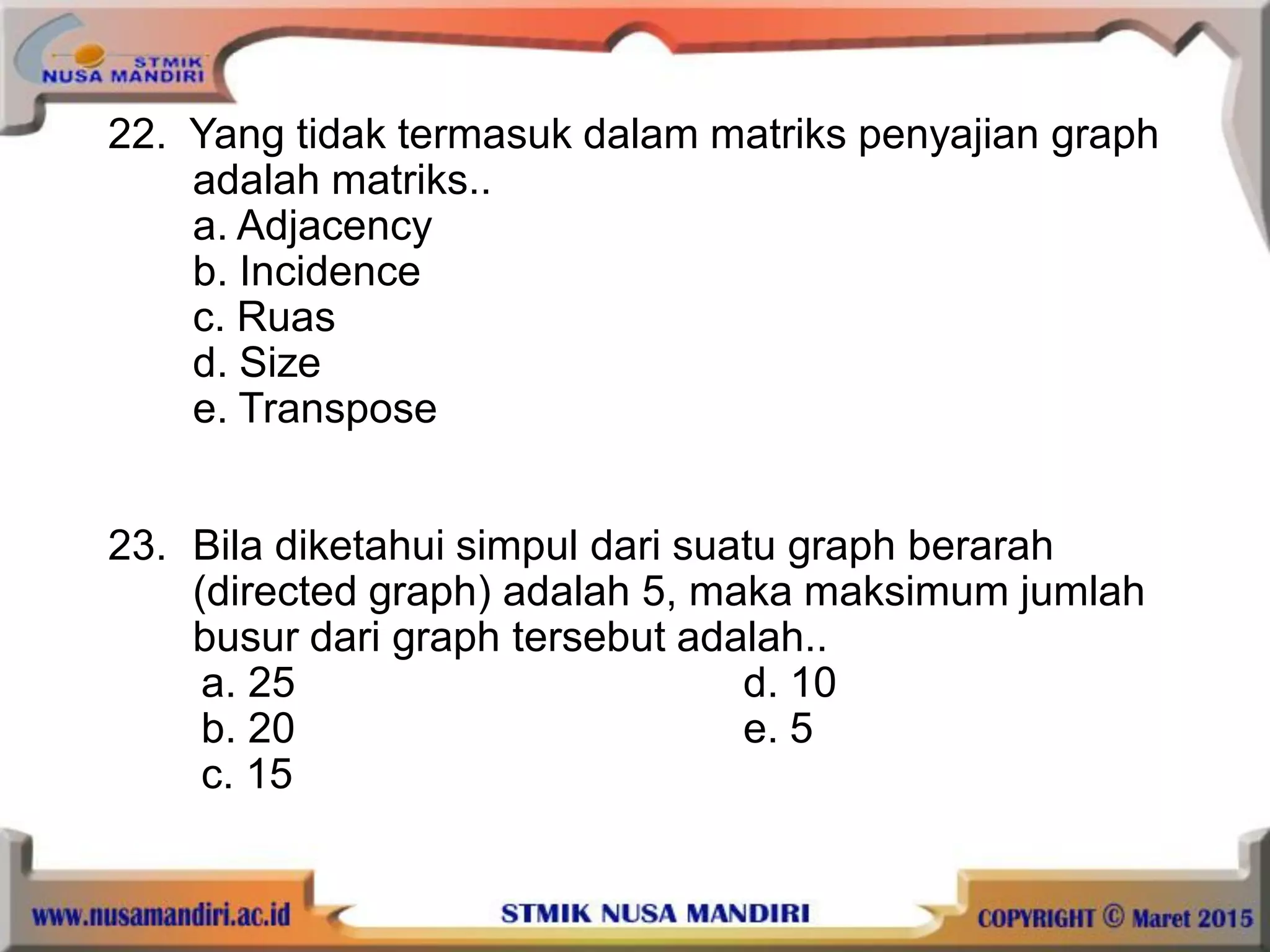 22. Yang tidak termasuk dalam matriks penyajian graph
adalah matriks..
a. Adjacency
b. Incidence
c. Ruas
d. Size
e. Transpose
23. Bila diketahui simpul dari suatu graph berarah
(directed graph) adalah 5, maka maksimum jumlah
busur dari graph tersebut adalah..
a. 25 d. 10
b. 20 e. 5
c. 15
 