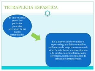 TETRAPLEJIA ESPASTICA
En la mayoría de estos niños el
aspecto de grave daño cerebral es
evidente desde los primeros meses de
vida. En esta forma se encuentra una
alta incidencia de malformaciones
cerebrales, lesiones resultantes de
infecciones intrauterinas.
Es la forma más
grave. Los
pacientes
presentan
afectación de las
cuatro
extremidades.
 