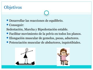 Objetivos
Desarrollar las reacciones de equilibrio.
Conseguir:
Sedestación, Marcha y Bipedestación estable.
Facilitar movimiento de la pelvis en todos los planos.
Elongación muscular de gemelos, psoas, aductores.
Potenciación muscular de abductores, isquiotibiales.
 