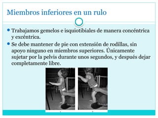 Miembros inferiores en un rulo
Trabajamos gemelos e isquiotibiales de manera concéntrica
y excéntrica.
Se debe mantener de pie con extensión de rodillas, sin
apoyo ninguno en miembros superiores. Únicamente
sujetar por la pelvis durante unos segundos, y después dejar
completamente libre.
 