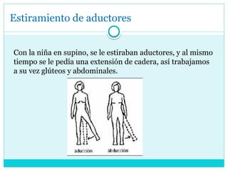 Estiramiento de aductores
Con la niña en supino, se le estiraban aductores, y al mismo
tiempo se le pedía una extensión de cadera, así trabajamos
a su vez glúteos y abdominales.
 