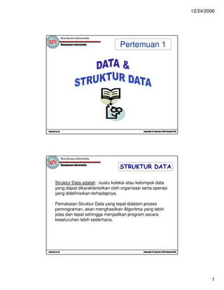 12/24/2006




                                 Pertemuan 1




                                 STRUKTUR DATA

Struktur Data adalah : suatu koleksi atau kelompok data
yang dapat dikarakteristikan oleh organisasi serta operasi
yang didefinisikan terhadapnya.

Pemakaian Struktur Data yang tepat didalam proses
pemrograman, akan menghasilkan Algoritma yang lebih
jelas dan tepat sehingga menjadikan program secara
keseluruhan lebih sederhana.




                                                                     1
 