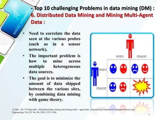 • Need to correlate the data
seen at the various probes
(such as in a sensor
network).
• The important problem is
how to mine across
multiple heterogeneous
data sources.
• The goal is to minimize the
amount of data shipped
between the various sites,
by combining data mining
with game theory.
10
(1) Rao , Dr. S Vidyavathi , Distributed data mining and mining multi – agent data , International Journal on Computer Science and
Engineering ,Vol. 02, No. 04, 2010, 1237-1244 .
- Top 10 challenging Problems in data mining (DM) :
6. Distributed Data Mining and Mining Multi-Agent
Data :
 