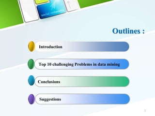 Suggestions
Outlines :
2
Introduction
Top 10 challenging Problems in data mining
Conclusions
 