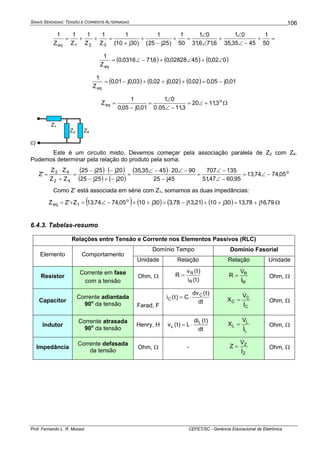 SINAIS SENOIDAIS: TENSÃO E CORRENTE ALTERNADAS
Prof. Fernando L. R. Mussoi CEFET/SC - Gerência Educacional de Eletrônica
106
=+
−∠
∠
+
∠
∠
=+
−
+
+
=++=
50
1
4535,35
01
6,716,31
01
50
1
)25j25(
1
)30j10(
1
Z
1
Z
1
Z
1
Z
1
321eq
( ) ( ) ( )002,04502828,06,710316,0
Z
1
eq
∠+∠+−∠=
( ) ( ) ( ) 01,0j05,002,002,0j02,003,0j01,0
Z
1
eq
−=+++−=
o
eq 3,1120
3,1105.0
01
01,0j05,0
1
Z +∠=
−∠
∠
=
−
= Ω
c)
Z1
Z2 Z4
Este é um circuito misto. Devemos começar pela associação paralela de Z2 com Z4.
Podemos determinar pela relação do produto pela soma:
( ) ( )
( ) ( )
( ) o
42
42
05,7474,13
95,6047,51
135707
45j25
90204535,35
20j25j25
20j25j25
ZZ
ZZ
'Z −∠=
−∠
−∠
=
−
−∠⋅−∠
=
−+−
−⋅−
=
+
⋅
=
Como Z’ está associada em série com Z1, somamos as duas impedâncias:
( ) ( ) ( ) ( ) 79,16j78,1330j1021,13j78,330j1005,7474,13Z'ZZ o
1eq +=++−=++−∠=+= Ω
6.4.3. Tabelas-resumo
Relações entre Tensão e Corrente nos Elementos Passivos (RLC)
Domínio Tempo Domínio Fasorial
Elemento Comportamento
Unidade Relação Relação Unidade
Resistor
Corrente em fase
com a tensão
Ohm, Ω
)t(i
)t(v
R
R
R
=
R
R
I
V
R
&
&
= Ohm, Ω
Capacitor
Corrente adiantada
90o
da tensão Farad, F
dt
)t(dv
C)t(i C
C ⋅=
C
C
C
I
V
X
&
&
= Ohm, Ω
Indutor
Corrente atrasada
90o
da tensão
Henry, H
dt
)t(di
L)t(v L
L ⋅=
L
L
L
I
V
X
&
&
= Ohm, Ω
Impedância
Corrente defasada
da tensão
Ohm, Ω -
Z
Z
I
V
Z
&
&
= Ohm, Ω
 