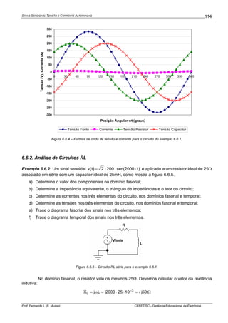 SINAIS SENOIDAIS: TENSÃO E CORRENTE ALTERNADAS
Prof. Fernando L. R. Mussoi CEFET/SC - Gerência Educacional de Eletrônica
114
-300
-250
-200
-150
-100
-50
0
50
100
150
200
250
300
0 30 60 90 120 150 180 210 240 270 300 330 360
Posição Angular wt (graus)
Tensão(V),Corrente(A)
Tensão Fonte Corrente Tensão Resistor Tensão Capacitor
Figura 6.6.4 – Formas de onda de tensão e corrente para o circuito do exemplo 6.6.1.
6.6.2. Análise de Circuitos RL
Exemplo 6.6.2: Um sinal senoidal )t2000(sen2002)t(v ⋅⋅⋅= é aplicado a um resistor ideal de 25Ω
associado em série com um capacitor ideal de 25mH, como mostra a figura 6.6.5.
a) Determine o valor dos componentes no domínio fasorial;
b) Determine a impedância equivalente, o triângulo de impedâncias e o teor do circuito;
c) Determine as correntes nos três elementos do circuito, nos domínios fasorial e temporal;
d) Determine as tensões nos três elementos do circuito, nos domínios fasorial e temporal;
e) Trace o diagrama fasorial dos sinais nos três elementos;
f) Trace o diagrama temporal dos sinais nos três elementos.
Figura 6.6.5 – Circuito RL série para o exemplo 6.6.1.
No domínio fasorial, o resistor vale os mesmos 25Ω. Devemos calcular o valor da reatância
indutiva:
50j10252000jLjX 3
L +=⋅⋅=ω= −
Ω
 