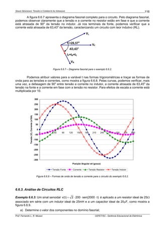 SINAIS SENOIDAIS: TENSÃO E CORRENTE ALTERNADAS
Prof. Fernando L. R. Mussoi CEFET/SC - Gerência Educacional de Eletrônica
116
A figura 6.6.7 apresenta o diagrama fasorial completo para o circuito. Pelo diagrama fasorial,
podemos observar claramente que a tensão e a corrente no resistor estão em fase e que a corrente
está atrasada de 90o
da tensão no indutor. Já nos terminais da fonte, podemos verificar que a
corrente está atrasada de 63,43o
da tensão, caracterizando um circuito com teor indutivo (RL).
VF
VR
VL
IF=IR=IC
+26,57o
-63,43o
Figura 6.6.7 – Diagrama fasorial para o exemplo 6.6.2.
Podemos atribuir valores para a variável t nas formas trigonométricas e traçar as formas de
onda para as tensões e correntes, como mostra a figura 6.6.8. Pelas curvas, podemos verificar, mais
uma vez, a defasagem de 90o
entre tensão e corrente no indutor, a corrente atrasada de 63,45o
da
tensão na fonte e a corrente em fase com a tensão no resistor. Para efeitos de escala a corrente está
multiplicada por 10.
-300
-250
-200
-150
-100
-50
0
50
100
150
200
250
300
0 30 60 90 120 150 180 210 240 270 300 330 360
Posição Angular wt (graus)
Tensão(V),Corrente(x10A)
Tensão Fonte Corrente Tensão Resistor Tensão Indutor
Figura 6.6.8 – Formas de onda de tensão e corrente para o circuito do exemplo 6.6.2.
6.6.3. Análise de Circuitos RLC
Exemplo 6.6.3: Um sinal senoidal )t2000(sen2002)t(v ⋅⋅⋅= é aplicado a um resistor ideal de 25Ω
associado em série com um indutor ideal de 25mH e a um capacitor ideal de 20μF, como mostra a
figura 6.6.9.
a) Determine o valor dos componentes no domínio fasorial;
 