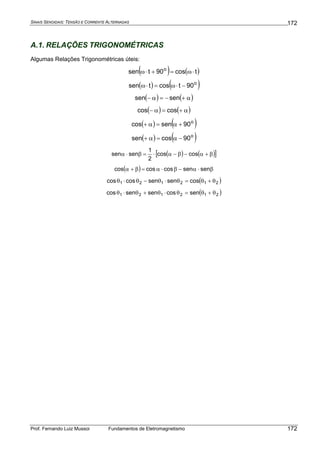 SINAIS SENOIDAIS: TENSÃO E CORRENTE ALTERNADAS
Prof. Fernando Luiz Mussoi Fundamentos de Eletromagnetismo
172
172
A.1. RELAÇÕES TRIGONOMÉTRICAS
Algumas Relações Trigonométricas úteis:
( ) ( )tcos90tsen o
⋅ω=+⋅ω
( ) ( )o
90tcostsen −⋅ω=⋅ω
( ) ( )α+−=α− sensen
( ) ( )α+=α− coscos
( ) ( )o
90sencos +α=α+
( ) ( )o
90cossen −α=α+
( ) ( )[ ]β+α−β−α⋅=β⋅α coscos
2
1
sensen
( ) β⋅α−β⋅α=β+α sensencoscoscos
( )212121 cossensencoscos θ+θ=θ⋅θ−θ⋅θ
( )212121 sencossensencos θ+θ=θ⋅θ+θ⋅θ
 