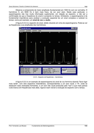 SINAIS SENOIDAIS: TENSÃO E CORRENTE ALTERNADAS
Prof. Fernando Luiz Mussoi Fundamentos de Eletromagnetismo
180
180
Observe a componente de maior amplitude (fundamental) em 1000 Hz com cor vermelha. O
harmônico 9, em 9000 Hz é bem mais fraco, de cor azul claro. Neste caso particular, o
espectrograma não traz muita informação suplementar, em relação ao espectro, a não ser a
confirmação de que a freqüência do sinal é constante no tempo. Entretanto, o espectrograma é de
fundamental importância para analisar a evolução espectral de um sinal complexo e variável no
tempo, como por exemplo, um sinal de voz ou áudio.
A figura A.5.4 é o espectro do sinal, obtido clicando em cima de espectrograma. Pode-se ver
as freqüências e as amplitudes dos harmônicos.
A.5.4 – Espectro de freqüências – harmônicos.
A figura A.5.5 é um exemplo de espectrograma do sinal de voz feminina dizendo "favor ligar
mais tarde", com dois espectros instantâneos, correspondentes a um som vocal, o "A", onde se
destacam raias chamadas formantes, e um som não vocal produzido pelo "sss" e que mais parece
ruído branco em freqüências mais altas. Agora é bem visível a evolução do espectro com o tempo.
 