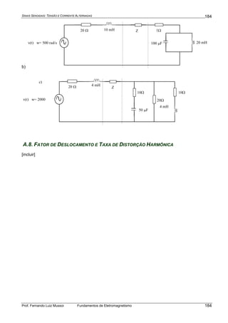 SINAIS SENOIDAIS: TENSÃO E CORRENTE ALTERNADAS
Prof. Fernando Luiz Mussoi Fundamentos de Eletromagnetismo
184
184
b)
20 mH
Z
v(t) w= 500 rad/s
20 Ω
100 μF
10 mH 1Ω
4 mH
Z
v(t) w= 2000
20 Ω
50 μF
4 mH
10Ω
20Ω
10Ω
c)
A.8. FATOR DE DESLOCAMENTO E TAXA DE DISTORÇÃO HARMÔNICA
[incluir]
 