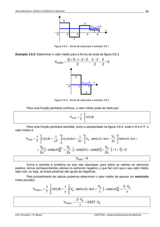 SINAIS SENOIDAIS: TENSÃO E CORRENTE ALTERNADAS
Prof. Fernando L. R. Mussoi CEFET/SC - Gerência Educacional de Eletrônica
29
4
-2
3
1
Vmédio=1,5
20 4 6 8
t
Figura 3.6.2 – forma de onda para o exemplo 3.6.1.
Exemplo 2.6.2: Determinar o valor médio para a forma de onda da figura 3.6.3.
( ) ( ) 0
2
0
2
22
2
1212
Vmédio ==
−
=
×−+×
=
2
-2
Vmédio=0
10 2
t
Figura 3.6.3 – forma de onda para o exemplo 3.6.2.
Para uma função periódica contínua, o valor médio pode ser dado por:
∫⋅=
f
i
t
t
med dt).t(v
T
1
V
Para uma função periódica senoidal, como a apresentada na figura 3.6.4, onde ti=0 e tf=T, o
valor médio é:
∫∫∫∫
ππω
ω
=ω⋅ω⋅
π
=ω⋅ω⋅⋅
π
=ωω⋅
ω
=⋅=
2
0
2
0
p
p
t
t
t
t
med td)t(sen
2
V
td)t.(senV
2
1
td).t(v
T
1
dt).t(v
T
1
V
f
i
f
i
[ ] [ ] [ ] 011
2
V
)0cos()2cos(
2
V
)tcos(
2
V pp2
0
p
=+−⋅
π
=+π−⋅
π
=ω−
π
= π
0Vmed =
Como a senóide é simétrica ao eixo das abscissas, para todos os valores do semiciclo
positivo, temos correspondentes valores no semiciclo negativo, o que faz com que o seu valor médio
seja nulo, ou seja, as áreas positivas são iguais às negativas.
Pelo procedimento de cálculo podemos determinar o valor médio de apenas um semiciclo
(meio período):
[ ]
π
⋅
=ω−⋅
π
=ω⋅ω⋅⋅
π
=⋅= π
π
π ∫∫
p
0
0
p
p
T
0
,med
V2
)tcos(
V
td)t.sen(V
1
dt).t(v
T
1
V
p
p
,med V637,0
V2
V ⋅=
π
⋅
=π
 