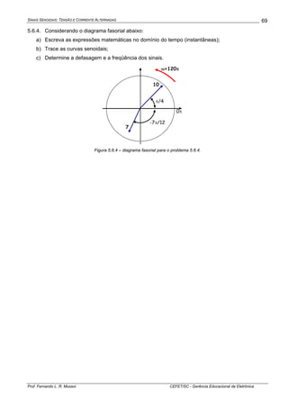SINAIS SENOIDAIS: TENSÃO E CORRENTE ALTERNADAS
Prof. Fernando L. R. Mussoi CEFET/SC - Gerência Educacional de Eletrônica
69
5.6.4. Considerando o diagrama fasorial abaixo:
a) Escreva as expressões matemáticas no domínio do tempo (instantâneas);
b) Trace as curvas senoidais;
c) Determine a defasagem e a freqüência dos sinais.
0π
10
π/4
ω=120π
-7π/12
7
Figura 5.6.4 – diagrama fasorial para o problema 5.6.4.
 