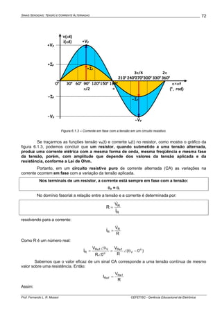 SINAIS SENOIDAIS: TENSÃO E CORRENTE ALTERNADAS
Prof. Fernando L. R. Mussoi CEFET/SC - Gerência Educacional de Eletrônica
72
α=ωt
(o
, rad)
0o
30o
60o
90o
π/2
120o
150o
180o
π
210o
240o
270o
300o
330o
360o
+VP
-VP
v(ωt)
i(ωt)
+IP
-IP
3π/4 2π
+VP
+IP
-IP
-VP
Figura 6.1.3 – Corrente em fase com a tensão em um circuito resistivo.
Se traçarmos as funções tensão vR(t) e corrente iR(t) no resistor, como mostra o gráfico da
figura 6.1.3, podemos concluir que um resistor, quando submetido a uma tensão alternada,
produz uma corrente elétrica com a mesma forma de onda, mesma freqüência e mesma fase
da tensão, porém, com amplitude que depende dos valores da tensão aplicada e da
resistência, conforme a Lei de Ohm.
Portanto, em um circuito resistivo puro de corrente alternada (CA) as variações na
corrente ocorrem em fase com a variação da tensão aplicada.
Nos terminais de um resistor, a corrente está sempre em fase com a tensão:
θV = θI
No domínio fasorial a relação entre a tensão e a corrente é determinada por:
R
R
I
V
R
&
&
=
resolvendo para a corrente:
R
V
I R
R
&
& =
Como R é um número real:
)0(
R
V
0R
V
I o
V
fRe
o
VfRe
R −θ∠=
∠
θ∠
=&
Sabemos que o valor eficaz de um sinal CA corresponde a uma tensão contínua de mesmo
valor sobre uma resistência. Então:
R
V
I fRe
fRe =
Assim:
 