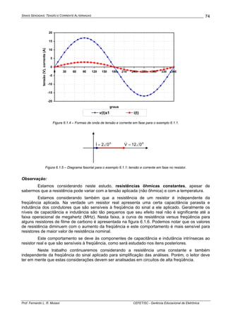 SINAIS SENOIDAIS: TENSÃO E CORRENTE ALTERNADAS
Prof. Fernando L. R. Mussoi CEFET/SC - Gerência Educacional de Eletrônica
74
-20
-15
-10
-5
0
5
10
15
20
0 30 60 90 120 150 180 210 240 270 300 330 360
graus
tensão(V),corrente(A)
v(t)x1 i(t)
Figura 6.1.4 – Formas de onda de tensão e corrente em fase para o exemplo 6.1.1.
o
012V ∠=&o
02I ∠=&
Figura 6.1.5 – Diagrama fasorial para o exemplo 6.1.1: tensão e corrente em fase no resistor.
Observação:
Estamos considerando neste estudo, resistências ôhmicas constantes, apesar de
sabermos que a resistência pode variar com a tensão aplicada (não ôhmica) e com a temperatura.
Estamos considerando também que a resistência de um resistor é independente da
freqüência aplicada. Na verdade um resistor real apresenta uma certa capacitância parasita e
indutância dos condutores que são sensíveis à freqüência do sinal a ele aplicado. Geralmente os
níveis de capacitância e indutância são tão pequenos que seu efeito real não é significante até a
faixa operacional de megahertz (MHz). Nesta faixa, a curva de resistência versus freqüência para
alguns resistores de filme de carbono é apresentada na figura 6.1.6. Podemos notar que os valores
de resistência diminuem com o aumento da freqüência e este comportamento é mais sensível para
resistores de maior valor de resistência nominal.
Este comportamento se deve às componentes de capacitância e indutância intrínsecas ao
resistor real e que são sensíveis à freqüência, como será estudado nos itens posteriores.
Neste trabalho continuaremos considerando a resistência uma constante e também
independente da freqüência do sinal aplicado para simplificação das análises. Porém, o leitor deve
ter em mente que estas considerações devem ser analisadas em circuitos de alta freqüência.
 