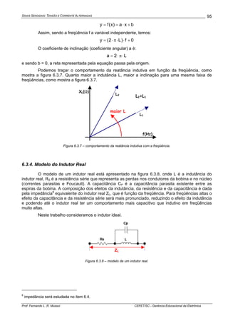 SINAIS SENOIDAIS: TENSÃO E CORRENTE ALTERNADAS
Prof. Fernando L. R. Mussoi CEFET/SC - Gerência Educacional de Eletrônica
95
bxa)x(fy +⋅==
Assim, sendo a freqüência f a variável independente, temos:
0f)L2(y +⋅⋅π⋅=
O coeficiente de inclinação (coeficiente angular) a é:
L2a ⋅π⋅=
e sendo b = 0, a reta representada pela equação passa pela origem.
Podemos traçar o comportamento da reatância indutiva em função da freqüência, como
mostra a figura 6.3.7. Quanto maior a indutância L, maior a inclinação para uma mesma faixa de
freqüências, como mostra a figura 6.3.7.
XL(Ω)
L2
L1
f(Hz)
L2>L1
maior L
Figura 6.3.7 – comportamento da reatância indutiva com a freqüência.
6.3.4. Modelo do Indutor Real
O modelo de um indutor real está apresentado na figura 6.3.8, onde L é a indutância do
indutor real, RS é a resistência série que representa as perdas nos condutores da bobina e no núcleo
(correntes parasitas e Foucault). A capacitância CP é a capacitância parasita existente entre as
espiras da bobina. A composição dos efeitos da indutância, da resistência e da capacitância é dada
pela impedância8
equivalente do indutor real ZL, que é função da freqüência. Para freqüências altas o
efeito da capacitância e da resistência série será mais pronunciado, reduzindo o efeito da indutância
e podendo até o indutor real ter um comportamento mais capacitivo que indutivo em freqüências
muito altas.
Neste trabalho consideramos o indutor ideal.
ZL
Figura 6.3.8 – modelo de um indutor real.
8
impedância será estudada no item 6.4.
 