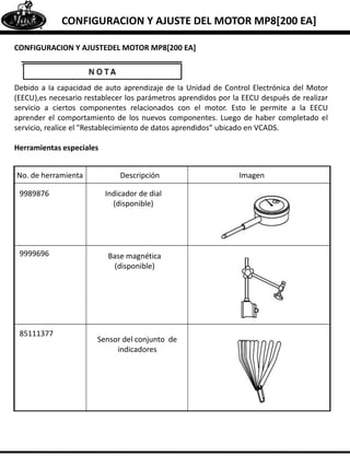 CONFIGURACION Y AJUSTE DEL MOTOR MP8[200 EA]
CONFIGURACION Y AJUSTEDEL MOTOR MP8[200 EA]
Debido a la capacidad de auto aprendizaje de la Unidad de Control Electrónica del Motor
(EECU),es necesario restablecer los parámetros aprendidos por la EECU después de realizar
servicio a ciertos componentes relacionados con el motor. Esto le permite a la EECU
aprender el comportamiento de los nuevos componentes. Luego de haber completado el
servicio, realice el "Restablecimiento de datos aprendidos” ubicado en VCADS.
Herramientas especiales
ImagenDescripciónNo. de herramienta
Indicador de dial
(disponible)
Base magnética
(disponible)
Sensor del conjunto de
indicadores
9989876
9999696
85111377
 