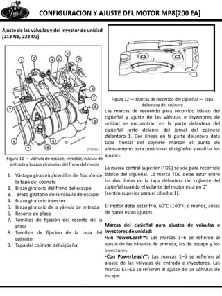 CONFIGURACION Y AJUSTE DEL MOTOR MP8[200 EA]
Ajuste de las válvulas y del inyector de unidad
[213 NB, 222 KG]
Figura 11 — Válvula de escape, inyector, válvula de
entrada y brazos giratorios del freno del motor
1. Vástago giratorio/tornillos de fijación de
la tapa del cojinete
2. Brazo giratorio del freno del escape
3. Brazo giratorio de la válvula de escape
4. Brazo giratorio inyector
5. Brazo giratorio de la válvula de entrada
6. Resorte de placa
7. Tornillos de fijación del resorte de la
placa
8. Tornillos de fijación de la tapa del
cojinete
9. Tapa del cojinete del cigüeñal
Figura 12 — Marcas de recorrido del cigüeñal — Tapa
delantera del cojinete
Las marcas de recorrido para recorrido básico del
cigüeñal y ajuste de las válvulas e inyectores de
unidad se encuentran en la parte delantera del
cigüeñal justo delante del jornal del cojinete
delantero 1. Dos líneas en la parte delantera dela
tapa frontal del cojinete marcan el punto de
alineamiento para posicionar el cigüeñal y realizar los
ajustes.
La marca central superior (TDC) se usa para recorrido
básico del cigüeñal. La marca TDC debe estar entre
las dos líneas en la tapa delantera del cojinete del
cigüeñal cuando el volante del motor está en 0°
(centro superior para el cilindro 1).
El motor debe estar frío, 60°C (140°F) o menos, antes
de hacer estos ajustes.
Marcas del cigüeñal para ajustes de válvulas e
inyectores de unidad:
•Sin PowerLeash™: Las marcas 1–6 se refieren al
ajuste de las válvulas de entrada, las de escape y los
inyectores.
•Con PowerLeash™: Las marcas 1–6 se refieren al
ajuste de las válvulas de entrada e inyectores. Las
marcas E1–E6 se refieren al ajuste de las válvulas de
escape.
 