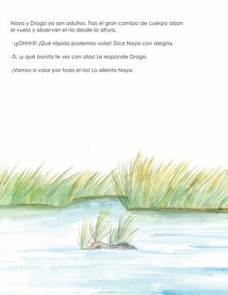 Naya y Drago ya son adultos. Tras el gran cambio de cuerpo alzan
el vuelo y observan el río desde la altura.
-¡¿Ohhh?! ¡Qué rápido podemos volar! Dice Naya con alegría.
-Sí, ¡y qué bonita te ves con alas! Le responde Drago.
-¡Vamos a volar por todo el río! Lo alienta Naya.
 