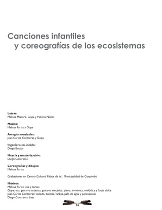 Canciones infantiles
y coreografías de los ecosistemas
Letras:
Melissa Mixtura, Gopa y Paloma Núñez
Música:
Melissa Farías y Gopa
Arreglos musicales:
Juan Carlos Contreras y Gopa
Ingeniero en sonido:
Diego Bustos
Mezcla y masterización:
Diego Contreras
Coreografías y dibujos:
Melissa Farías
Grabaciones en Centro Cultural Palace de la I. Municipalidad de Coquimbo
Músicos:
Melissa Farías: voz y tarkas
Gopa: voz, guitarra acústica, guitarra eléctrica, piano, armónica, melódica y flauta dulce
Juan Carlos Contreras: teclado, batería, tarkas, palo de agua y percusiones
Diego Contreras: bajo
74
 