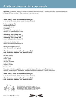 1 y 19-Postura de inicio y final; Imaginar ser
animales del intermareal que están pegados a una roca.
En cuclillas con la cabeza y brazos en el piso. Levantarse
con la entrada de los instrumentos antes de la voz.
Vamos todos a bailar la canción del intermareal
a movernos sin parar la marea nos viene a alimentar
Sujétense algas pardas
agárrense muy fuerte
que viene la marea
y te marea
Cangrejitos la mar ya va a volver
para que sus huevos puedan crecer
Ñiam ñiam dice el sol de mar
mientras los choritos dicen ay!!!
Ñiam ñiam dice el sol de mar
mientras los choritos dicen ay!!!
Actinias sus tentáculos abrir
delicias del océano para compartir
Picorocos tus redes a estirar
ricos alimentos la mar regalará
Olas vienen y se van con la luna la marea subirá
Olas vienen y se van sin la luna la marea bajará
Un paso adelante
un paso atrás
manos arriba
manos abajo
Saltando en un pie
en el otro pie
giro a un costado
y al otro lado
Picorocos, anfípodos, isópodos, camarones, señoritas, sombreritos, caracoles y chitones
Litorinas, nudibranquios, nemertinos, poliquetos, cachudito, vieja negra, coralina, borrachilla.
Vamos todos a bailar la canción del intermareal
A movernos sin parar la marea nos viene a alimentar
Olas vienen y se van con la luna la marea subirá
Olas vienen y se van sin la luna la marea bajará
Letra y música: Melissa Mixtura/Gopa
Objetivo: Desarrollar el lenguaje artístico-corporal, ritmo, motricidad y concentración. Los movimientos simulan
a las olas del mar, animales y algas presentes en el intermareal.
A bailar con la marea / letra y coreografía
76
 