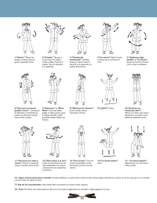 77
1-“Vamos”: Mover los
brazos y manos hacia el
pecho repetidas veces.
2-“A bailar”: Brazos y
manos hacia los lados,
arriba y abajo. Inclinar la
cabeza hacia la derecha
y la izquierda.
3-“Canción del
intermareal”: Ondular
brazos y manos hacia la
derecha y la izquierda, en
ambas direcciones.
4-“La marea”: Bajar brazos
y manos de un extremo al
otro.
5-“Sujétense algas
pardas” y “Te marea”:
Juntar las manos al frente
y dar un giro completo.
6-“Para que sus huevos
puedan crecer”: tocándose
el abdomen y moviendo las
manos en dirección al piso
hacia arriba y abajo.
7-“Alimentar” y “Ñiam
Ñiam”: Con los dedos
pulgar e índice juntos, girar
la cabeza de lado a lado
juntando ambos dedos con
la boca.
8-“Mientras los choritos”:
Juntar ambas manos
estiradas al frente
9-“¡¡¡Ahí!!!”: Salto. 10-“Actineas sus
tentáculos abrir”:
Manos a la altura del rostro
abriendo y cerrando hacia
adelante repetidas veces.
15.- “La marea bajará”:
Agacharse y con las manos
rozar el piso.
11-“Picorocos tus redes a
estirar”: Estirar o expandir
manos y brazos hacia arriba.
12-“Olas vienen y se van”:
Imitar el movimiento de las
olas ondulando con manos
y brazos hacia la izquierda y
la derecha.
13-“Con la luna”: Con los
brazos extendidos arriba
formando una luna con las
manos.
14-“La marea subirá”:
Salto.
16.- Seguir instrucciones parte cantada: Un paso adelante, un paso atrás, manos arriba, manos abajo, saltando en un pie y en el otro pie, giro a un costado
y al otro lado. Se repite 2 veces.
17- Rap de los invertebrados: niños bailan libre moviendo sus manos como raperos.
18.- Final: Terminan con misma postura del inicio. En el piso imaginando ser animales o algas pegadas a la roca.
 