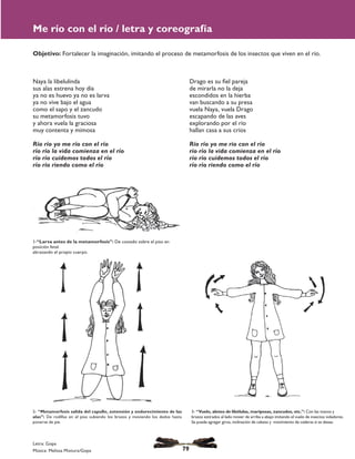 Naya la libelulinda
sus alas estrena hoy día
ya no es huevo ya no es larva
ya no vive bajo el agua
como el sapo y el zancudo
su metamorfosis tuvo
y ahora vuela la graciosa
muy contenta y mimosa
Río río yo me río con el río
río río la vida comienza en el río
río río cuidemos todos el río
río río riendo como el río
Drago es su fiel pareja
de mirarla no la deja
escondidos en la hierba
van buscando a su presa
vuela Naya, vuela Drago
escapando de las aves
explorando por el río
hallan casa a sus críos
Río río yo me rio con el río
río río la vida comienza en el río
río río cuidemos todos el río
río río riendo como el río
Me río con el río / letra y coreografía
Objetivo: Fortalecer la imaginación, imitando el proceso de metamorfosis de los insectos que viven en el río.
Letra: Gopa
Música: Melissa Mixtura/Gopa
1-“Larva antes de la metamorfosis”: De costado sobre el piso en
posición fetal
abrazando el propio cuerpo.
79
2- “Metamorfosis salida del capullo, extensión y endurecimiento de las
alas”: De rodillas en el piso subiendo los brazos y moviendo los dedos hasta
ponerse de pie.
3- “Vuelo, aleteo de libélulas, mariposas, zancudos, etc.”: Con las manos y
brazos estirados al lado mover de arriba a abajo imitando el vuelo de insectos voladores.
Se puede agregar giros, inclinación de cabeza y movimiento de caderas si se desea.
 