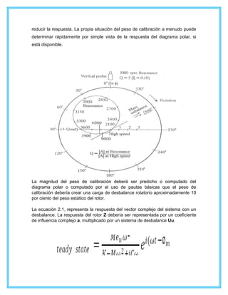 reducir la respuesta. La propia situación del peso de calibración a menudo puede
determinar rápidamente por simple vista de la respuesta del diagrama polar, si
está disponible.
La magnitud del peso de calibración deberá ser predicho o computado del
diagrama polar o computado por el uso de pautas básicas que el peso de
calibración debería crear una carga de desbalance rotatorio aproximadamente 10
por ciento del peso estático del rotor.
La ecuación 2.1, representa la respuesta del vector complejo del sistema con un
desbalance. La respuesta del rotor Z debería ser representada por un coeficiente
de influencia complejo a, multiplicado por un sistema de desbalance Uu.
 