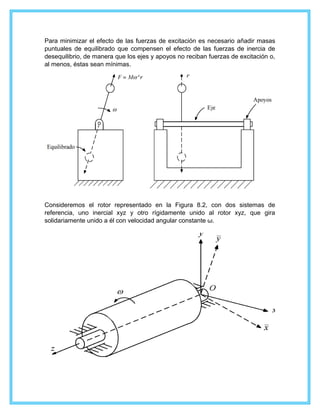 Para minimizar el efecto de las fuerzas de excitación es necesario añadir masas
puntuales de equilibrado que compensen el efecto de las fuerzas de inercia de
desequilibrio, de manera que los ejes y apoyos no reciban fuerzas de excitación o,
al menos, éstas sean mínimas.
Consideremos el rotor representado en la Figura 8.2, con dos sistemas de
referencia, uno inercial xyz y otro rígidamente unido al rotor xyz, que gira
solidariamente unido a él con velocidad angular constante ω.
 