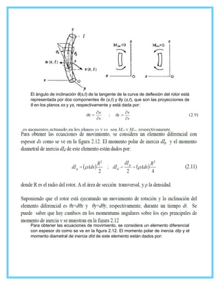 El ángulo de inclinación θ(s,t) de la tangente de la curva de deflexión del rotor está
representada por dos componentes θx (s,t) y θy (s,t), que son las proyecciones de
θ en los planos xs y ys, respectivamente y está dada por:
Para obtener las ecuaciones de movimiento, se considera un elemento diferencial
con espesor ds como se ve en la figura 2.12. El momento polar de inercia dIp y el
momento diametral de inercia dId de este elemento están dados por:
 
