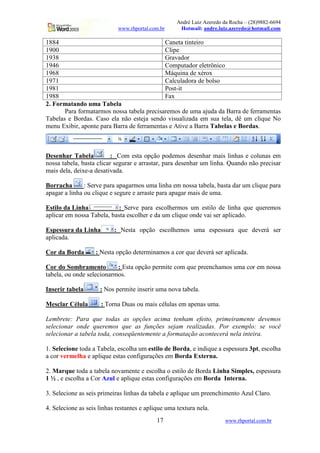 André Luiz Azeredo da Rocha – (28)9882-6694
www.rhportal.com.br Hotmail: andre.luiz.azeredo@hotmail.com
17 www.rhportal.com.br
1884 Caneta tinteiro
1900 Clipe
1938 Gravador
1946 Computador eletrônico
1968 Máquina de xérox
1971 Calculadora de bolso
1981 Post-it
1988 Fax
2. Formatando uma Tabela
Para formatarmos nossa tabela precisaremos de uma ajuda da Barra de ferramentas
Tabelas e Bordas. Caso ela não esteja sendo visualizada em sua tela, dê um clique No
menu Exibir, aponte para Barra de ferramentas e Ative a Barra Tabelas e Bordas.
Desenhar Tabela : Com esta opção podemos desenhar mais linhas e colunas em
nossa tabela, basta clicar segurar e arrastar, para desenhar um linha. Quando não precisar
mais dela, deixe-a desativada.
Borracha : Serve para apagarmos uma linha em nossa tabela, basta dar um clique para
apagar a linha ou clique e segure e arraste para apagar mais de uma.
Estilo da Linha : Serve para escolhermos um estilo de linha que queremos
aplicar em nossa Tabela, basta escolher e da um clique onde vai ser aplicado.
Espessura da Linha : Nesta opção escolhemos uma espessura que deverá ser
aplicada.
Cor da Borda : Nesta opção determinamos a cor que deverá ser aplicada.
Cor do Sombramento : Esta opção permite com que preenchamos uma cor em nossa
tabela, ou onde selecionarmos.
Inserir tabela : Nos permite inserir uma nova tabela.
Mesclar Célula : Torna Duas ou mais células em apenas uma.
Lembrete: Para que todas as opções acima tenham efeito, primeiramente devemos
selecionar onde queremos que as funções sejam realizadas. Por exemplo: se você
selecionar a tabela toda, conseqüentemente a formatação acontecerá nela inteira.
1. Selecione toda a Tabela, escolha um estilo de Borda, e indique a espessura 3pt, escolha
a cor vermelha e aplique estas configurações em Borda Externa.
2. Marque toda a tabela novamente e escolha o estilo de Borda Linha Simples, espessura
1 ½ , e escolha a Cor Azul e aplique estas configurações em Borda Interna.
3. Selecione as seis primeiras linhas da tabela e aplique um preenchimento Azul Claro.
4. Selecione as seis linhas restantes e aplique uma textura nela.
 